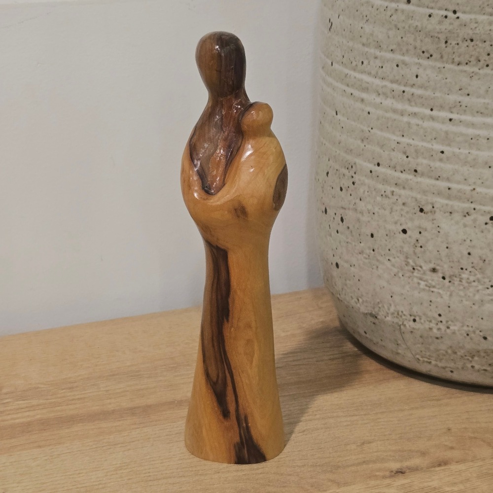 Hand Carved Figurine Olive Wood Mother & Child Sculpture 8.5" Minimalist Modern